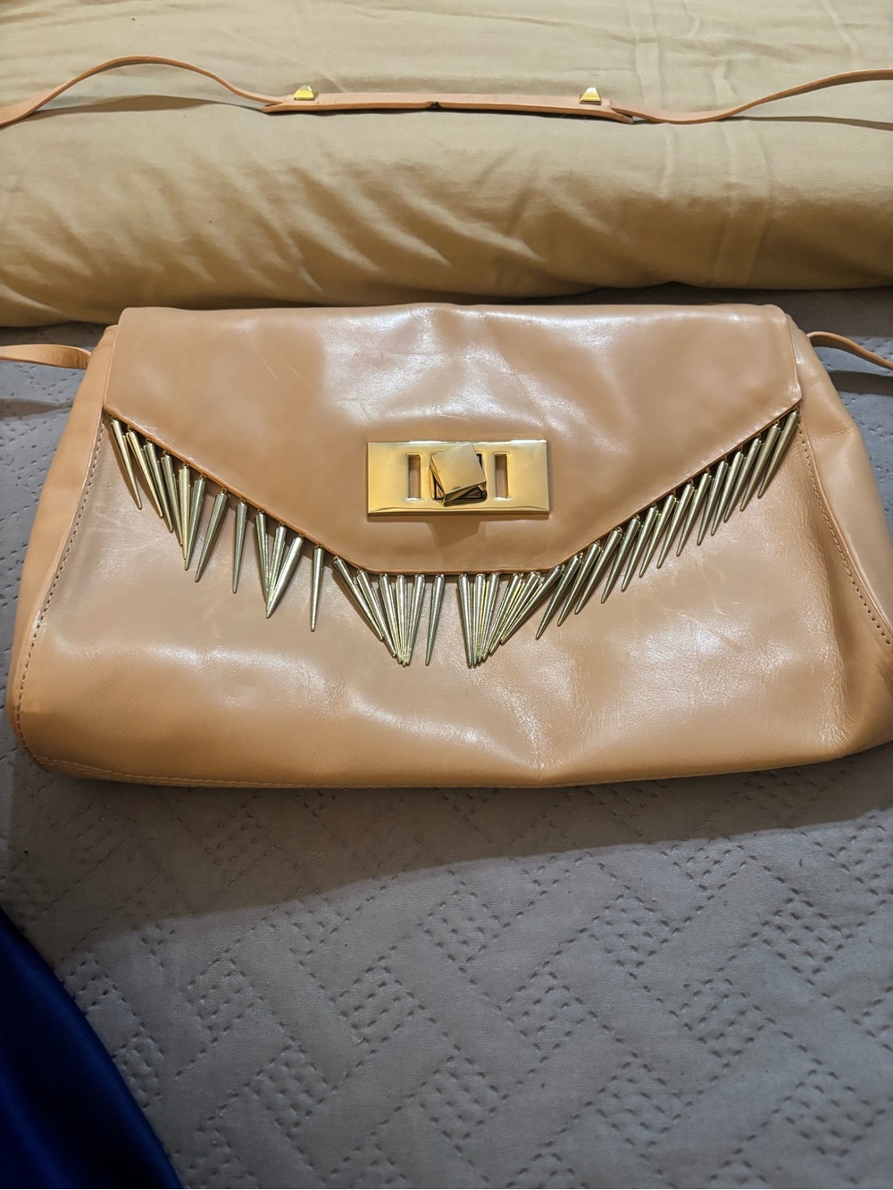 Zara Spiked Accent Tan Leather Crossbody Clutch